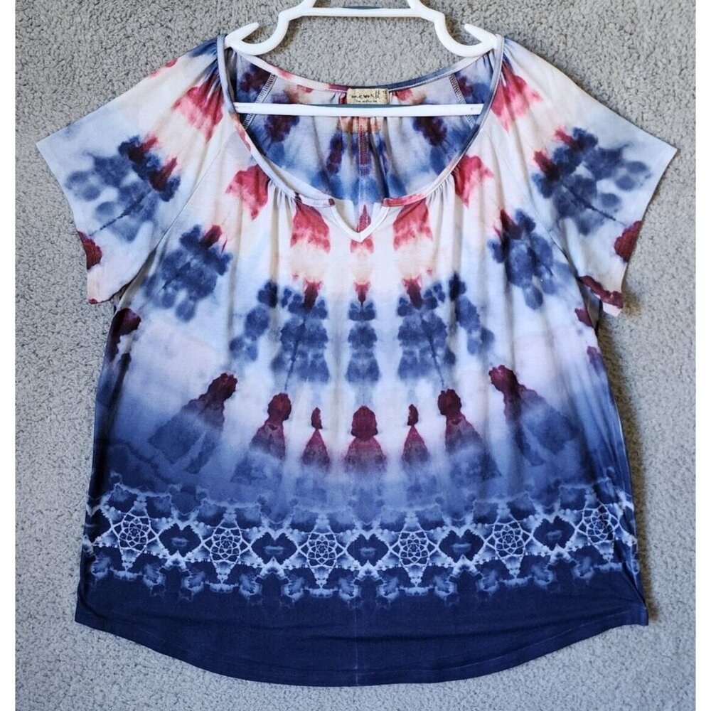 One World Women's Short Sleeve Round Neck Blouse Top Patterned Polyester Size 1X